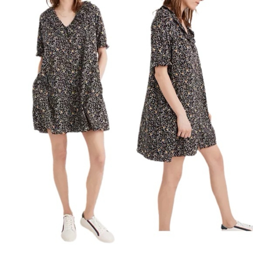 Madewell XL Folkmagic Floral Black Dress with Ruffle Collar & Sleeves Size XL